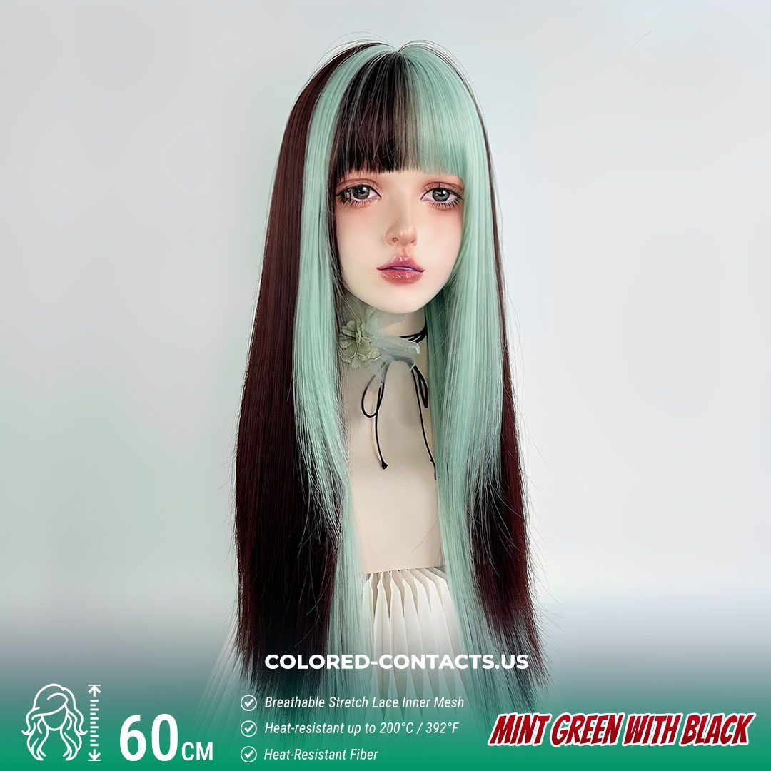60cm Mint Green with Black Highlights - Straight Cut with Full Bangs - image 1