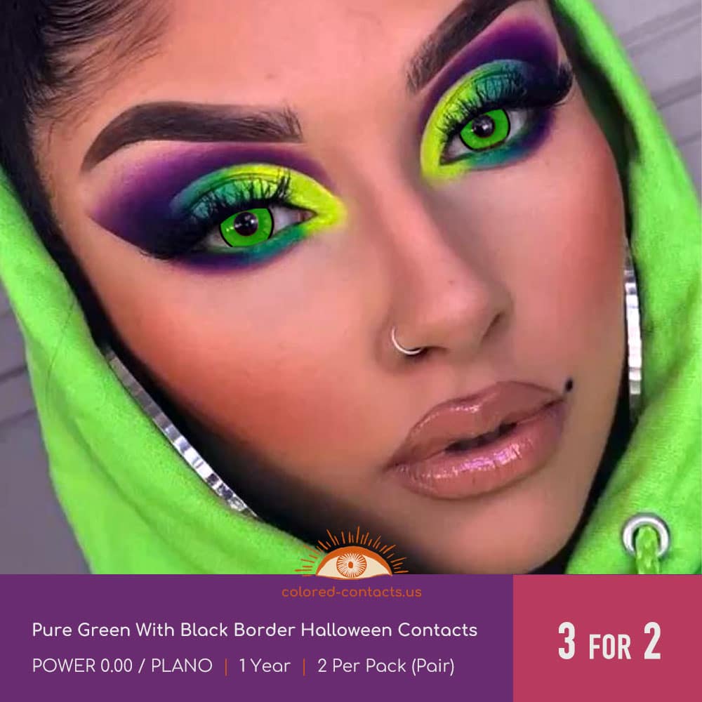 Pure Green With Black Border Halloween Contacts - thumbnail 2