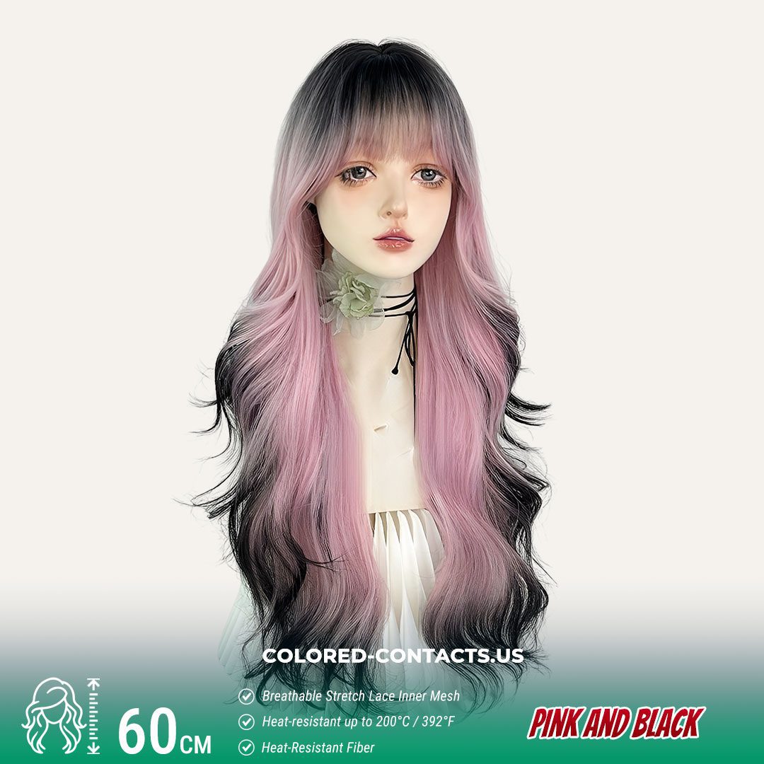 Split-Color Long Wavy Wig – Pink and Black - image 1