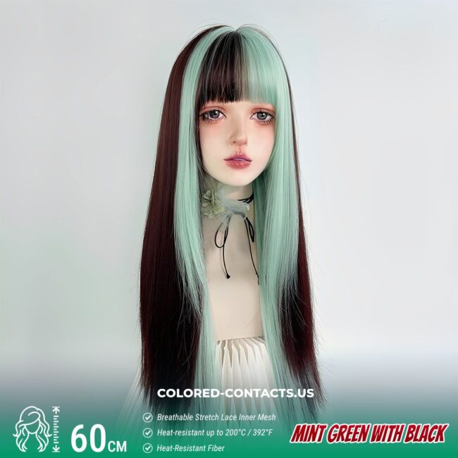 60cm Mint Green with Black Highlights – Straight Cut with Full Bangs